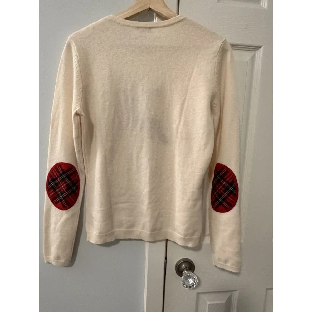 J.McLaughlin Wool Angora Sweater Sz S Elbow Patch Buffalo Plaid Reindeer Holiday
